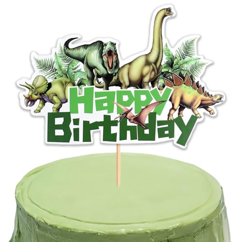 Avavani Dinosaur Happy Birthday Cake Topper Green Jurassic Jungle Theme Party Decor for Boys Kids Birthday Baby Shower Cardboard Cake Decoration with Stand 15.6x10.8cm