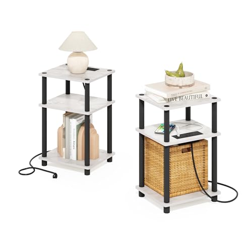 Image of Furinno Just 3-Tier Turn-N-Tube USB and Type-C Charging Port End Table with Open Storage, Marble White /Black, Set of 2