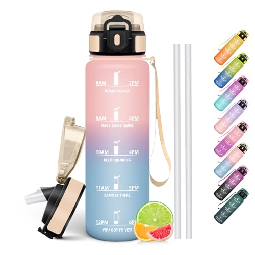 HoneyHolly Gourde 1l, Étanches, Gourde Paille, sans BPA & Réutilisable, Bouteille, Motivation Bouteille d'eau, Avec Marqueur de Temps, Water Bottle pour Gym, Ecole, Cyclisme, Plein air, Sport