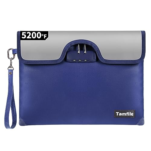 Tamfile 5200°F Fireproof Money Bag with Lock,Water Fireproof Document Bag with Zipper,8 Layers Fire Insulation,Fireproof Safe Storage Pouch with Lock for Cash,Passport,Certificate(10''x13'',Blue)