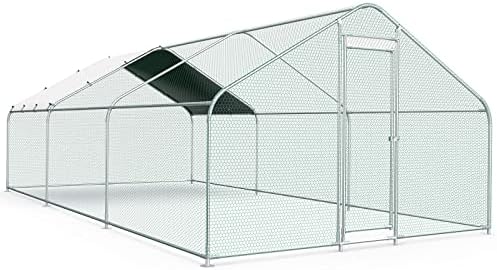 Lyromix Large Metal Chicken Coop Run, Walk-in Poultry Cage Runs House for Yard with Waterproof Cover, Ducks Rabbits Habitat Spire Shaped Outdoor Farm Use(10'L x 20'W 6.56'H), Silver