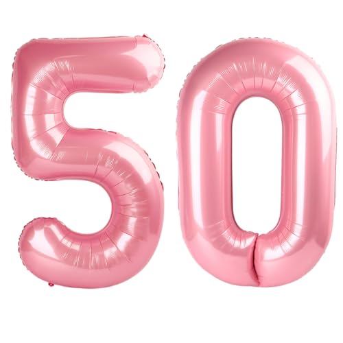 Image of 50 Balloon 40 inch Pearl Pink Number Balloons for 50th Birthday Decorations | Saturated Color, Large 40 in, With Straw & Hanging Hole, For Back-to-School Season, Wedding, Christmas, New Year, Anniversary
