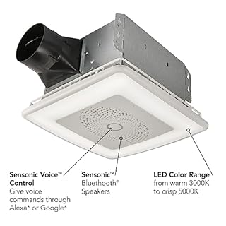 Broan-NuTone VC110CCT Sensonic Alexa Voice Controlled Smart Exhaust Fan with Dimmable LED Light and Bluetooth Speakers, 110 CFM,White, 13.25"x13.25"x5.75"