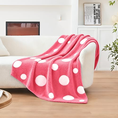 Image of CozeCube Reversible Knit Throw Blanket, Hot Pink White Polka Dot, 60 inchx80 inch