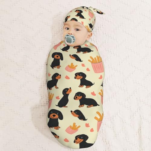 Image of Cartoon Adorable Dachshunds Newborn Swaddle Blankets Hat Sets Soft Baby Receiving Blanket Swaddle Sack for Baby Shower Infant Boy Girl Gift