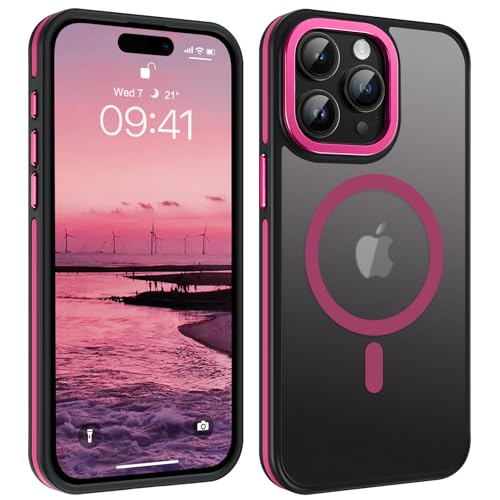 YINLAI Case for iPhone 15 Pro Max,Magnetic Case [Compatible with Magsafe] Supports Wireless Charging Slim Translucent Matte Men Women Shockproof Protective Back Phone Cover 6.7 Inch,Black/Hot Pink