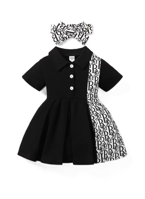 Image of Niren Enterprise Black ABCD Printed Knee Length Short Sleeves Shirt Collar Stylish Girls Party Dress