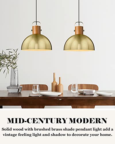 Elyona Dome Pendant Light, 12" Rubber Wood Hanging Lamp With Vintage Gold Metal Shade, Mid Century Modern Pendant Light Fixtures For Kitchen Island Farmhouse Dining Living Room Hallway, Brushed Brass #TOP3