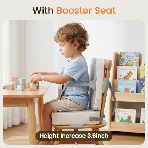 Image of Booster Seat for Kitchen Chair for Toddlers | Toddler Booster Seat for Dining Table with Backrest & Adjustable Straps, Non-Slip Portable Travel Cushion, Gray White