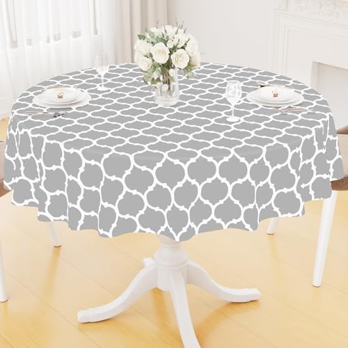Image of Smiry Round Table Cloth, Flannel Backed Vinyl Tablecloth, 60 inch Round | Waterproof Plastic Tablecloths, Wipeable Table Cover for Dining, Indoor and Outdoor (Light Grey)