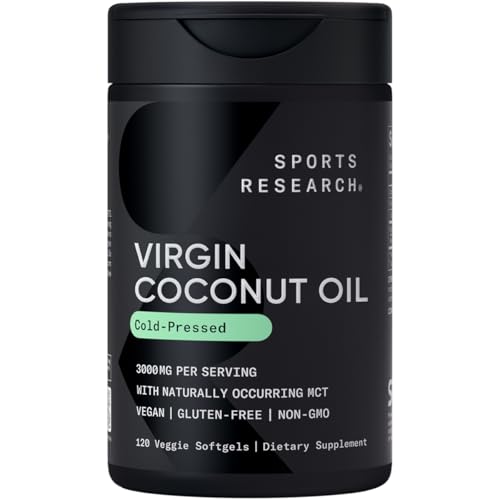 Sports Research Organic Coconut Oil Capsules 3000MG - Cold Pressed Extra Virgin Coconut Oil with Medium Chain Triglycerides (MCTs) - Vegan Friendly & Non-GMO Verified - 120 Softgels