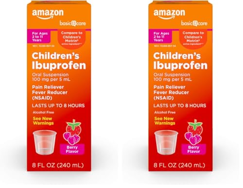 Image of Amazon Basic Care Children's Ibuprofen Oral Suspension, 100 mg per 5 mL, Pain Reliever and Fever Reducer, Berry Flavor, for Sore Throat, Headache Relief and More, 8 fl oz (Pack of 2)
