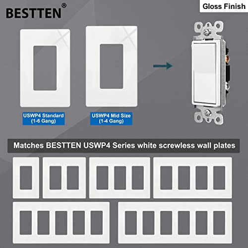[50 Pack] Bestten Single Pole Decorator Wall Light Switch With Wallplate, 15A 120/277V, On/Off Rocker Paddle Interrupter, Ul Listed, White #TOP6