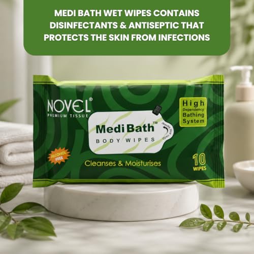 Image of Novel Medi Bath Wet Wipes for cleaning 10 Wipes x Pack of 3 (30 Wipes) | Sponge wipes for Adults with Antiseptic Agent | Enriched with Aloe Vera, Vitamin E | Ready to Use Bed Bath Towel for Men & Women for Cleaning & Moisturizing