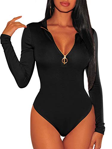 TOB Women's Sexy Bodycon Long Sleeves Basic Zip Front Tops Leotard Bodysuit Black