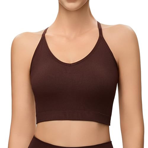 NANJI Seamless Sports Bra for Women - Padded Racerback Y Bra Low Impact Removable Pad for Fitness Gym Yoga Workout Top (Medium, Brown)
