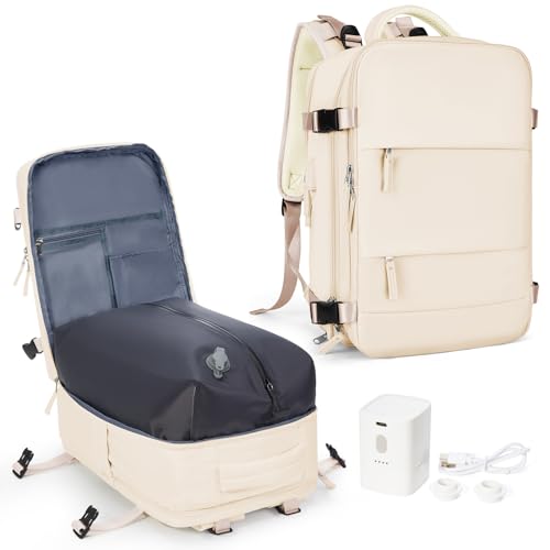 Image of coowoz Vacuum Backpack Travel with Pump,Travel Backpack with Vacuum System For Women Men,Carry On Backpack,Hiking Backpack Waterproof Outdoor Sports Rucksack Casual Daypack,30L(Vacuum pump),Beige