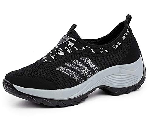 DADAWEN Women's Slip-On Platform Fitness Work Out Sneaker Black US Size 7/Asia Size 39