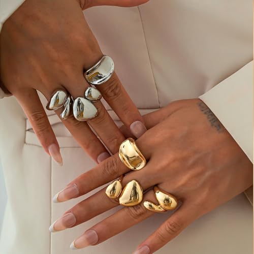 Chunky Rings for Women 3Pcs Gold Silver Stacking Ring Set Adjustable Open Irregular Geometric Stackable Rings Promise Statement Jewelry4