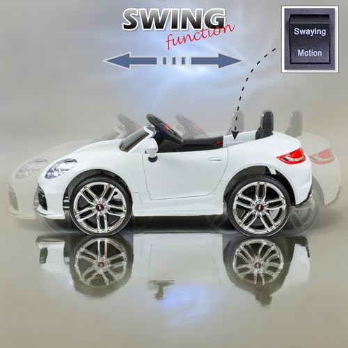 Image of MEKASHI Premium Electric Ride-On Car for Kids 1-7 Years with 12V Rechargeable Battery, Parent Remote Control, Bluetooth Music, LED Headlights, 5 Speed Modes, Swing Function, White