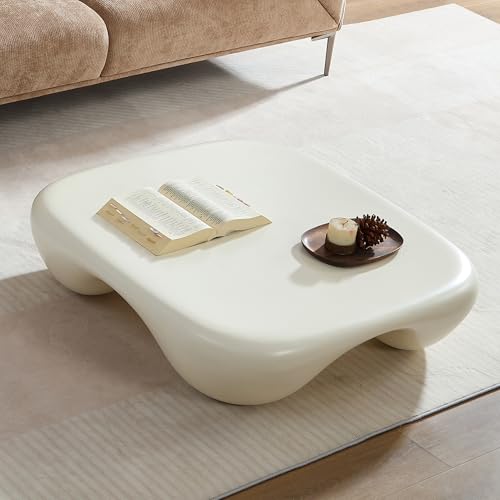 BBTJOINT Luxury Organic Curved Coffee Table,Square Shape,White Glossy Finish, Contemporary Living Room Furniture Set,40-inch Modern Table