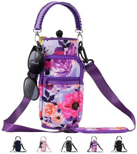 Image of 32 oz 40 oz Water Bottle Sleeve with 4 Pocket, Neoprene Water Bottle Carrier Bag with Strap & Paracord Handle, Metal Steel Water Flask Sling Pouch Holder for Walking Hiking-Purple Rose