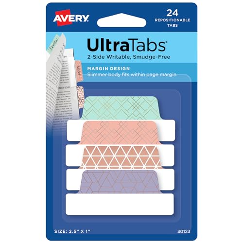 Image of Avery Margin Ultra Tabs, 2.5 inch x 1 inch, Assorted Metallic Geometric Designs, 24 Repositionable Page Tabs (30123)