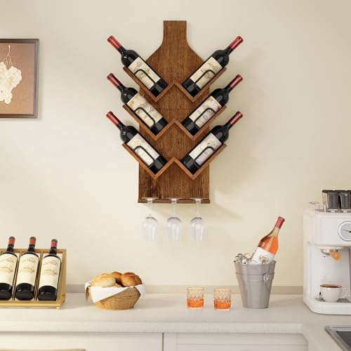 Hoctieon Wine Rack Wall Mounted, 6 Bottles Wood Wine Rack for Display and Storage, Hanging Bottle Holder Bar Shelves for Living Room, Kitchen, Dining Room, Wine Cellar, Rustic Brown by Hoctieon - Used condition - Image 3