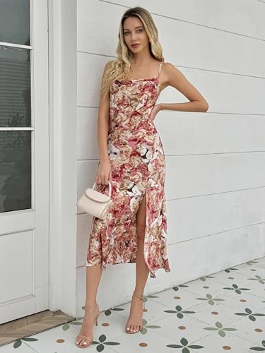 Image of Wedding Guest Dress for Women Spaghetti Strap Satin Slip Dresses | Slit Midi Dress, Cowl Neck, Cocktail, Formal, Evening Party