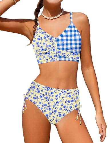 Image of Teen Girls Swimsuits V-Neck Bikini Set Bathing Suits Cross Straps Two Piece Swimwear with Drawstring
