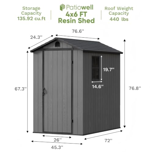 Image of Patiowell 4 x 6 Resin Storage Shed with Floor, Outdoor Plastic Garden Shed with Lockable Door & Window, Easy Assembly Tool Shed for Backyard, Dark Gray