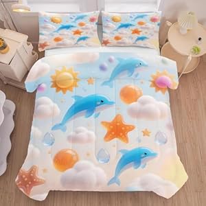 3D Dolphin Comforter Set Twin Size Cartoon Bedding for Girls Boys Kids Starry Sky Relief Cloud Star Bedroom Decor Quilt Bed Sets, 1 Comforter 1 Pillowcase