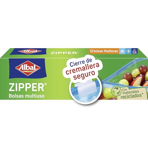 Albal Bolsas multiuso Zipper - Bolsas para comida herméticas, porta alimentos con cremallera para congelar, transportar y conservar alimentos, bolsas para líquidos del avión, 12 unidades medianas
