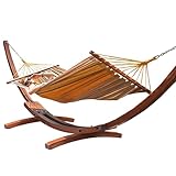 Lazy Daze Hammocks Cotton Fabric Spreader Bar Hammock and 10.5 Ft Wood Arc Hammock Stand Combo, for Indoor, Outdoor, Patio, Garden, Backyard, Khaki and Brown