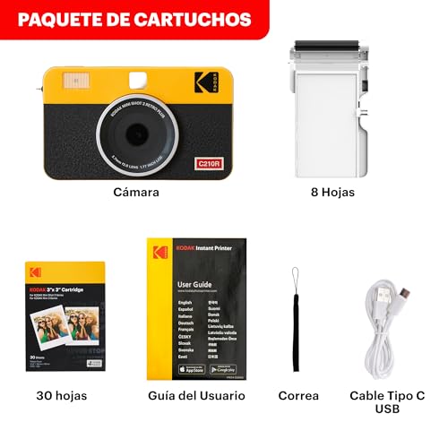 Miniatura 7 de Kodak Mini Shot 2 Retro 4pass 2-En-1 Cámara Instantánea E Impresora De Fotos 5,3x8,6cm Pack Con 38 Hojas, Amarillo