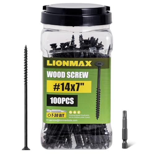 Image of LIONMAX Deck Screws #14 x 7 Inch, 100 PCS, Black Long Wood Screw, Rust Resistant, Exterior Epoxy Coated for Outdoor Decking, Torx /Star Drive Head, T30 Star Bit Included