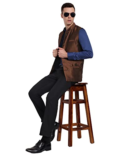Image of SKAVIJ Mens Embellished Ethnic Wear Nehru Jacket Floral Printed Formal Waistcoat Regular Fit (Small,Brown)