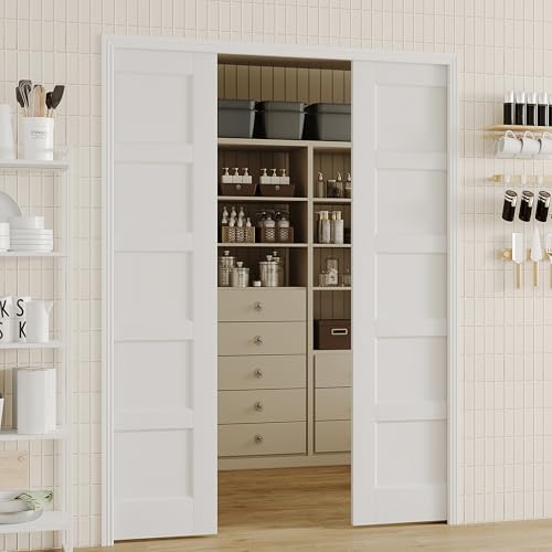 Image of Sliding Pocket Door, 56 inch(2 x 28) x 80 inch, 5-Panel Core with Frame and Hardware Kit Set, Interior Doors for Pocket Door, White Primed - No Panel Assembly Required