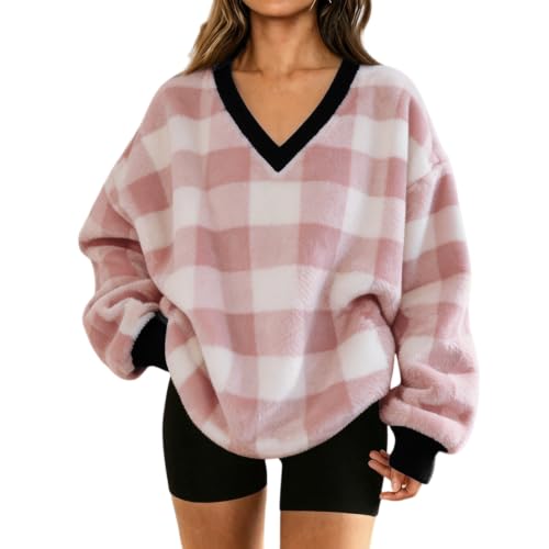 Pink Sweatshirt for Women Flannel Plaid V Neck Oversized Pullover Tops - image 1
