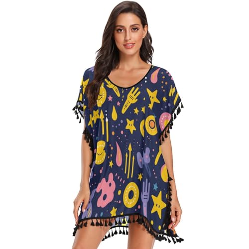 KAAVIYO Cartoon Stars Constellations Women's Beach Cover Up Chiffon Tassel Swimwear Swimsuit Coverups for Girl