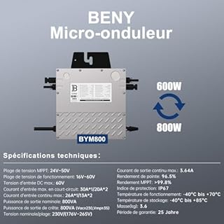 BENY Micro-onduleur Solaire 800W- Onduleur Connecté au réseau électrique avec Contrôle Wi-FI et APP- Puissance de l'onduleur Solaire réglable de 800 W à 600 W- IP67- Câble de Connexion de 5 m de Long