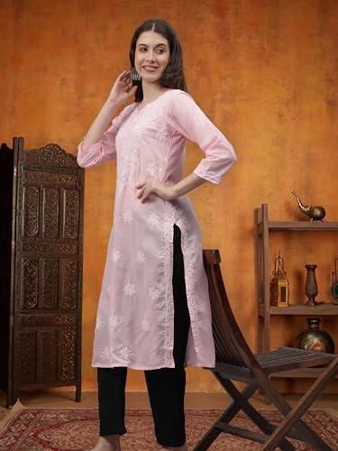 Image of Seva Chikan Hand Embroidered Lucknowi Chikankari Appricoat Peach Terivoil Cotton Kurta for Women SCL4603
