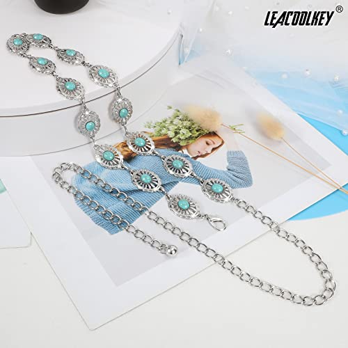 Image of LEACOOLKEY Women Turquoise Concho Chain Waist Belt Silver Western Cowgirl Metal Chain Belt for Dress Adjustable