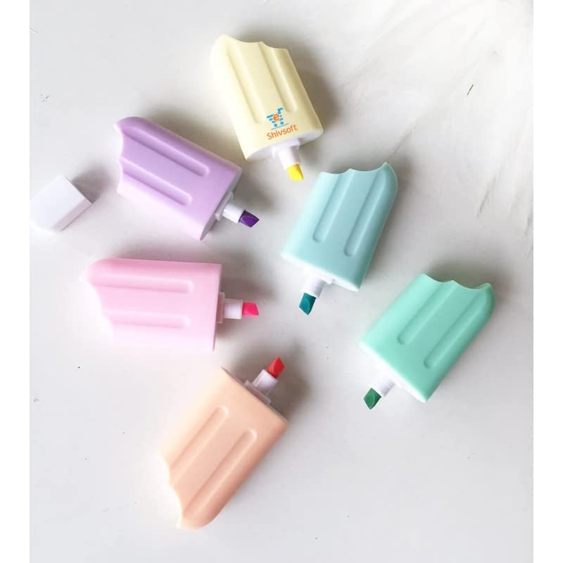 Shivsoft Pastel Ice Cream Stick Popsicle Shape Highlighters | Set Of 6 Pastel Shades | Chisel Tip Fine Grip Marker Pen | For Stationery Hoarders & Kids | Party Return Gifts For Girls-image-13
