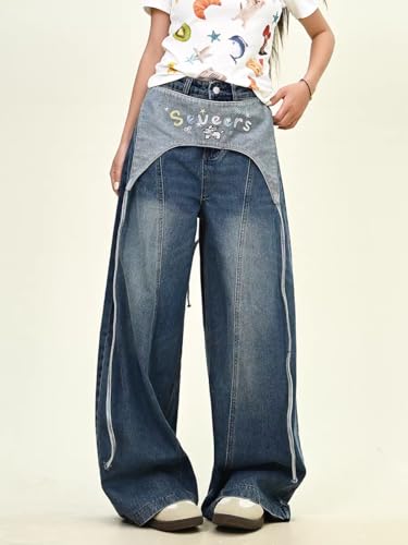 Y2k Kawaii Cartoon Letter Embroidery Tie Wrap Waist Jeans Hiphop Vintage Distressed Baggy Casual Wide Leg Denim Pants2