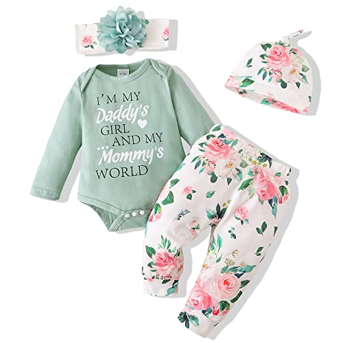 Image of Renotemy Newborn Baby Girl Clothes Outfits Infant Romper Ruffle Floral Pants Cute Toddler Baby Girl Clothes Set