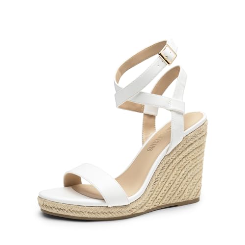 DREAM PAIRS Womens Open Toe Espadrilles Dressy Platform Sandals Buckle Ankle Strap Stylish Wedges Sandals 5 White-pu