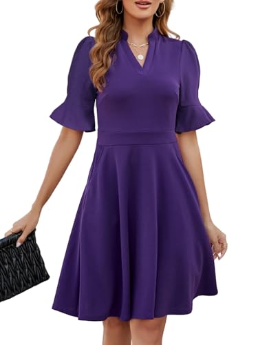 Image of Mokayee Womens Summer V Neck Ruffle Short Sleeve Fit and Flare Knee Length Church Wedding Guest Dresses with Pockets