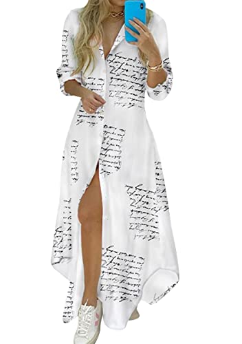 Image of YMING Womens Long Sleeve Button Down Shirt Dresses Casual Floral Print Maxi Dress Loose Fit Split Blouse Dress
