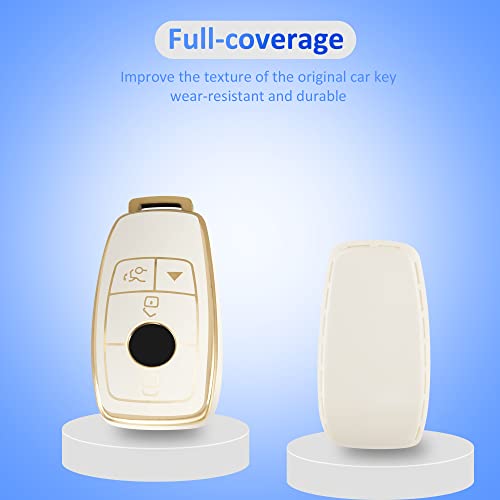For Mercedes Benz Key Fob Cover Car Key Case Shell With Gold Keychain Fit Mercedes Benz E S A C G Class 2017-2022(White) #TOP2